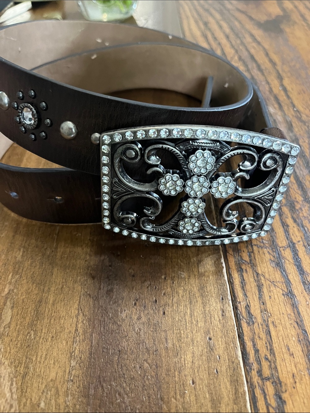 Guess Studded bling Brown Leather Belt with Ornate Crystal Buckle